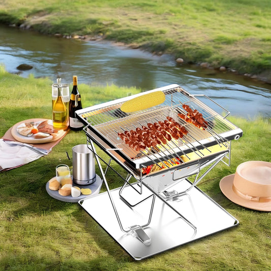 Height Adjust Camping Hiking Picnic Portable Fire Grill Collapsible Wood Burning Barbecue Grill with Bag