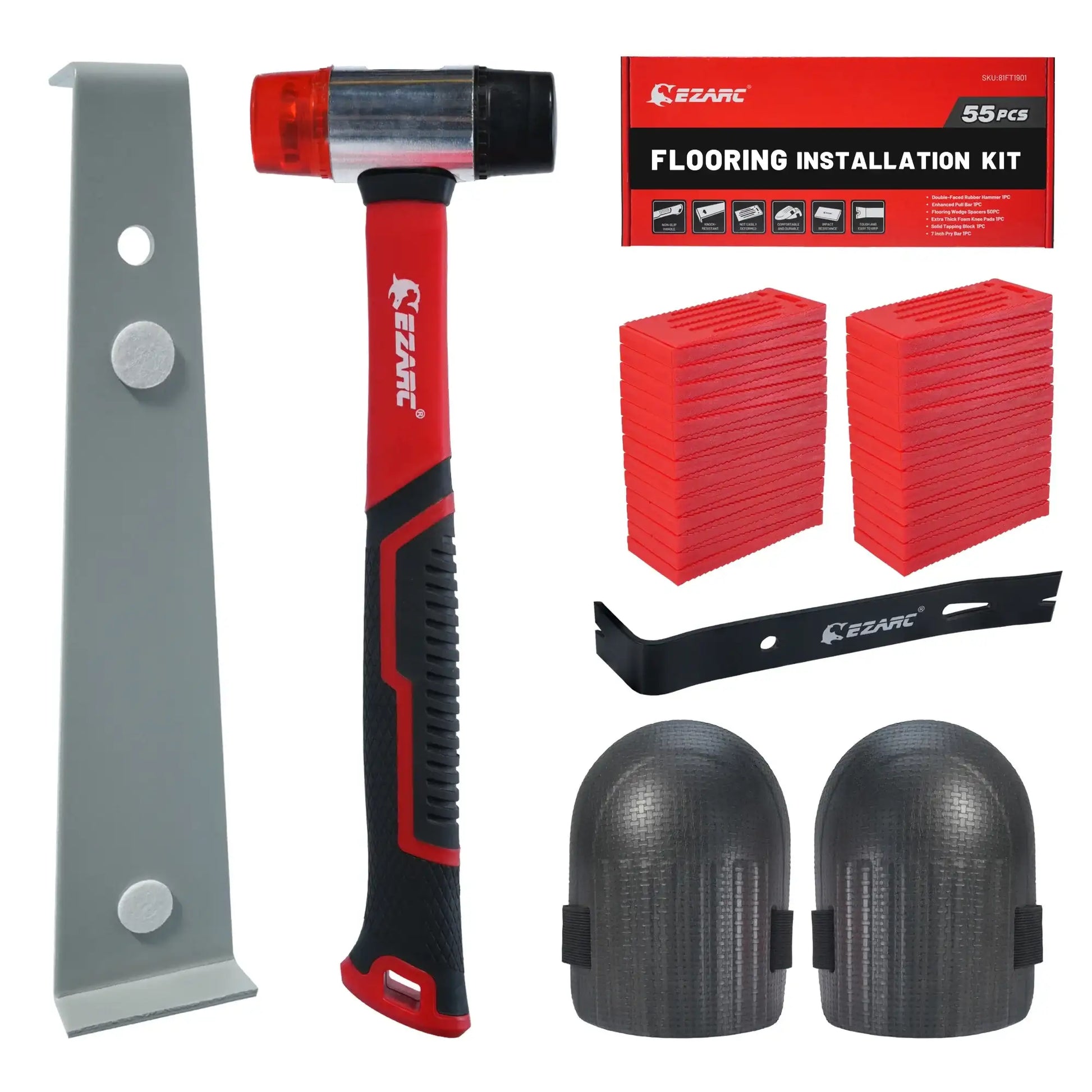EZARC 55PCS Flooring Tools for Vinyl Plank & Laminate with Heavy Duty Pull Bar, Tapping Block, Knee Pads, Nail Puller, Spacers