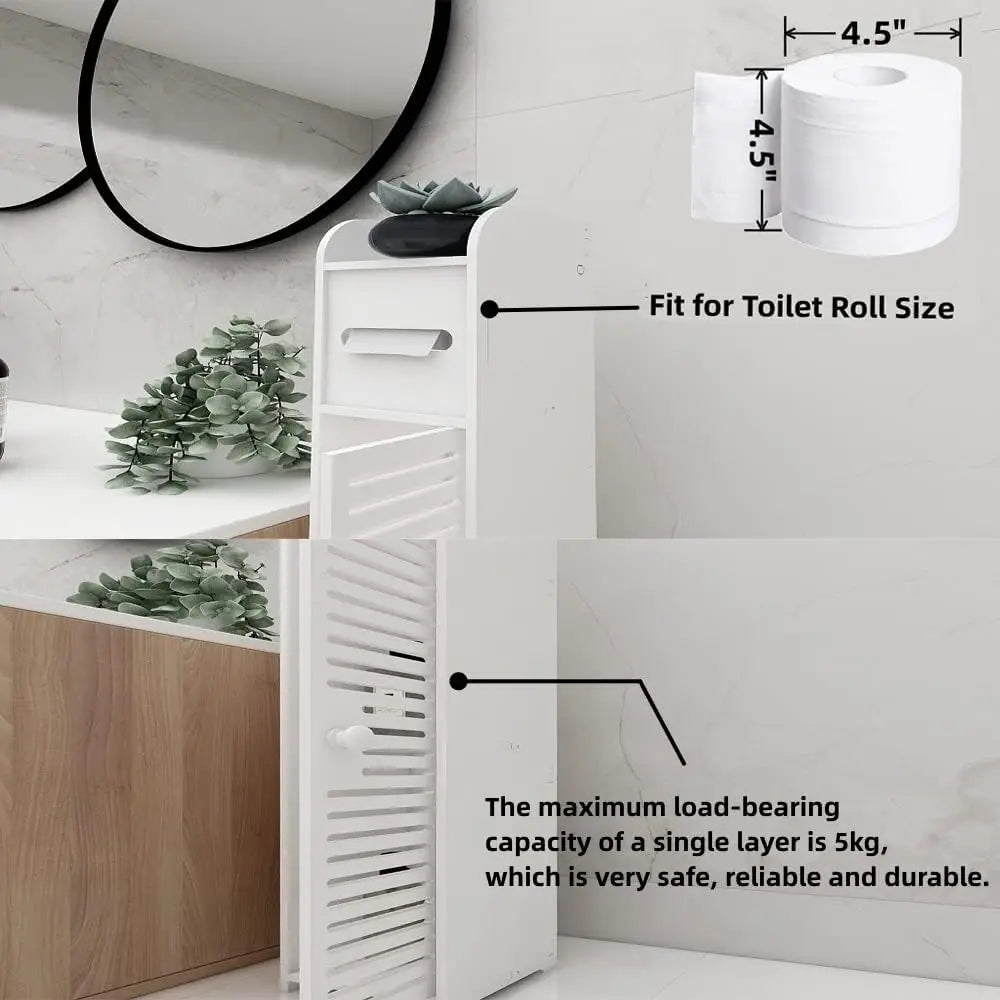 Bathroom Storage Cabinet 3 Tier Floor Cabinet Organizer with Door Free-Standing Toilet Roll Holder Narrow Toilet Storage Cabinet