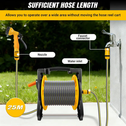 Garden Hose Reel 15M/25M/30M, 2-In-1 as Free Standing or Wall Mounted Garden Hose, Complete with Hose Guide, Nozzle and Fittings