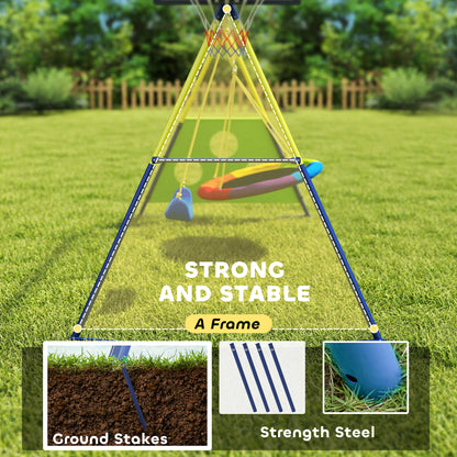 4-in-1 Kids Swing Set with Saucer Swing, Basketball Hoop & Football Goal – Rust-Proof A-Frame, 150kg Capacity, Adjustable Heights, Ages 3–8