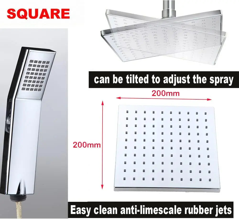 Square Chrome Overhead Shower Rain Dual Rigid Riser Rainfall Head And Hand Held Shower Kit, Twin Bath Set For Bathroom