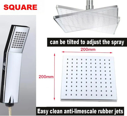 Square Chrome Overhead Shower Rain Dual Rigid Riser Rainfall Head And Hand Held Shower Kit, Twin Bath Set For Bathroom