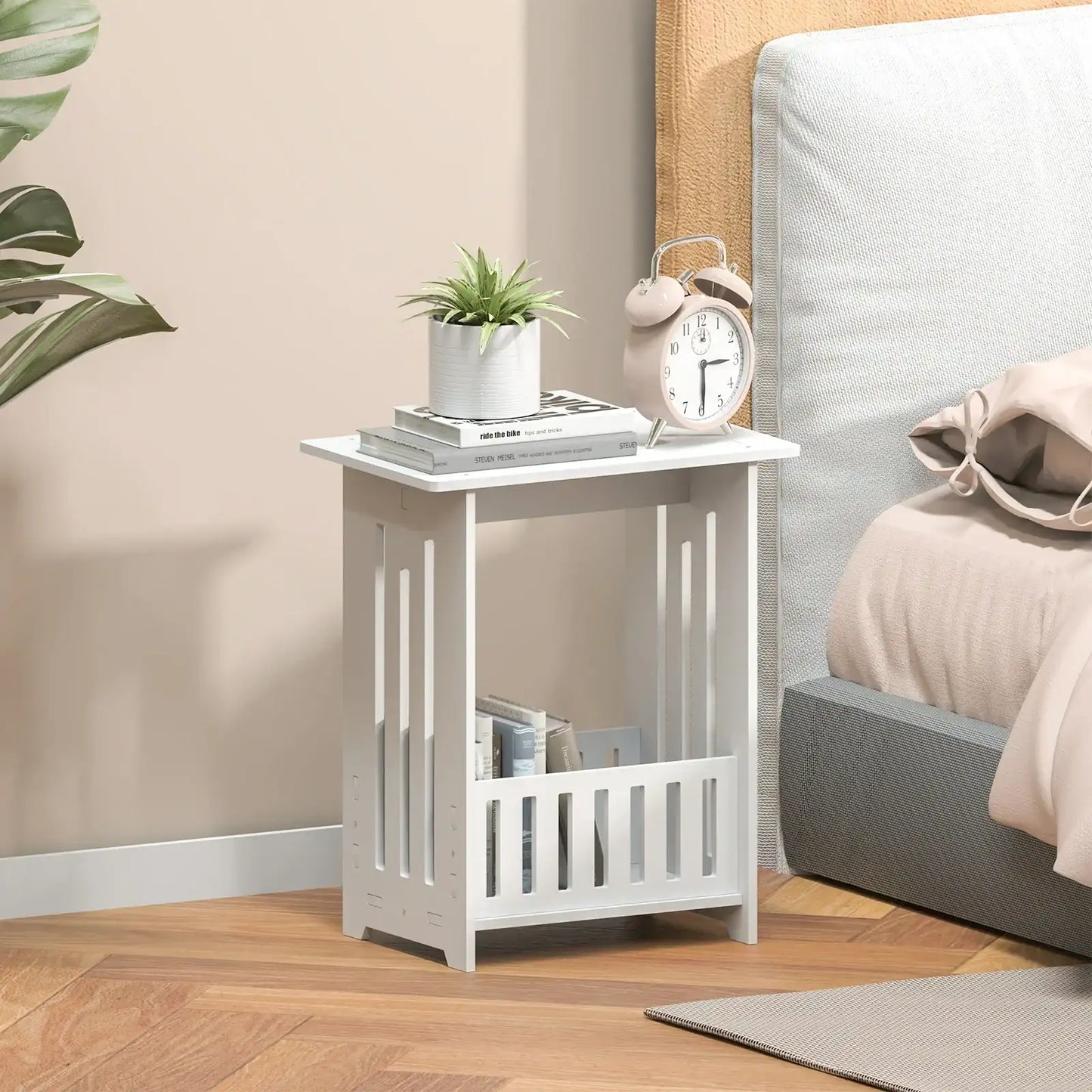 White Modern Bedside Table Cabinet Nightstand Wooden Sofa Side Table, Small Narrow Side End Table Cabinet