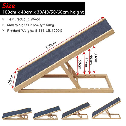 Solid Wooden Pet Ramp Car Dog Ladder - 4-Height Adjustable with Non-Slip Carpet Safety Pets Ladder - Wooden Dog Ramp Pet Puppy