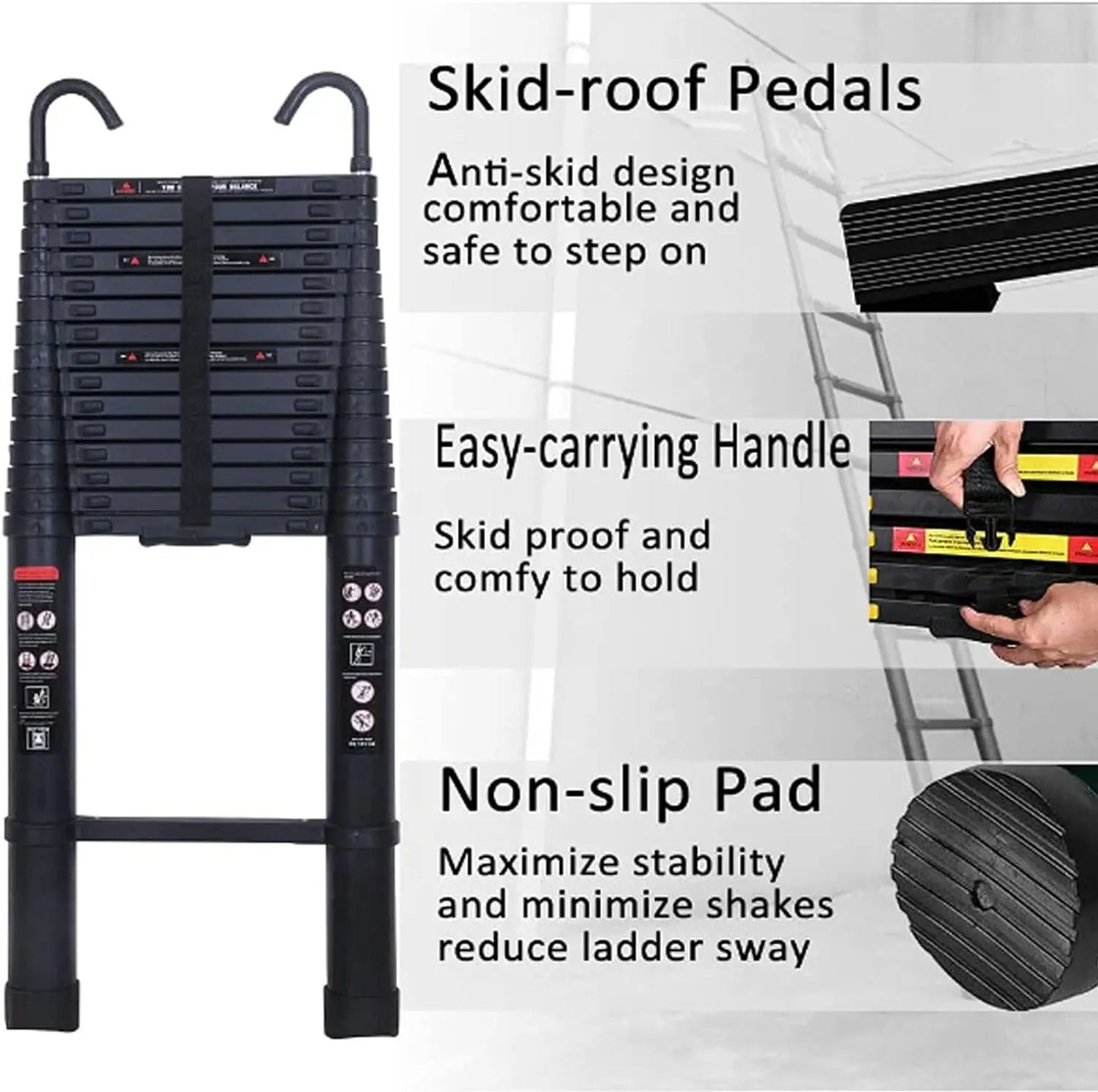 6.2M Heavy Duty Telescopic Ladder 14 Steps Aluminium Extending Roof Ladder With Hooks For Multi-Purpose Indoor Outdoor Ladder