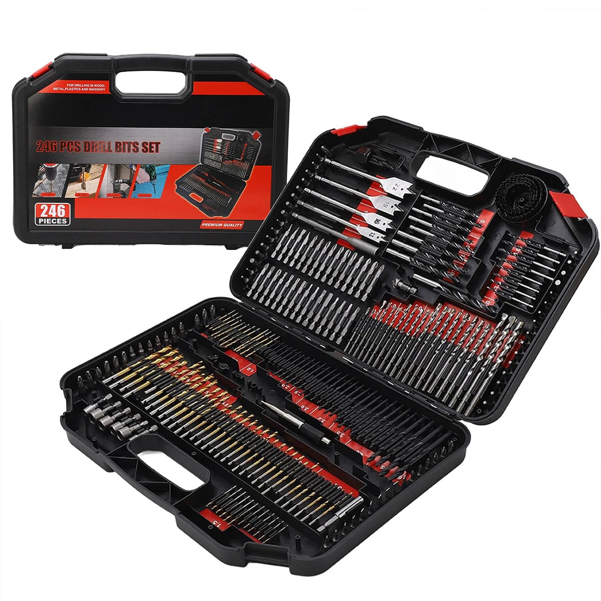 246 Piece HSS Twist Drill Bit Combination Tool Set Woodworking Hole Opener Cement Construction Flat Head