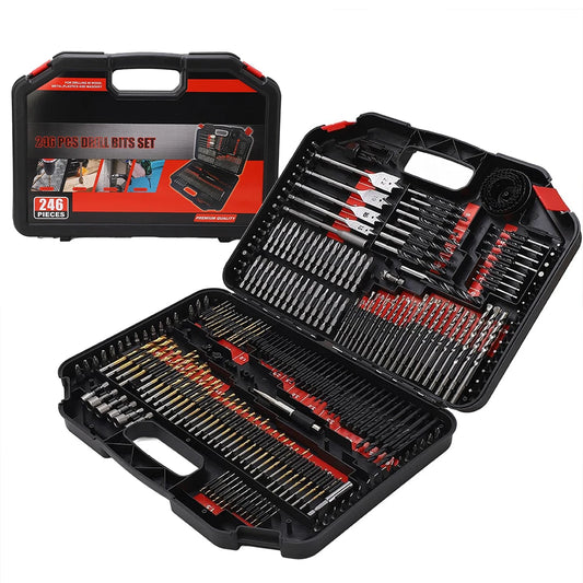 246 Piece HSS Twist Drill Bit Combination Tool Set Woodworking Hole Opener Cement Construction Flat Head