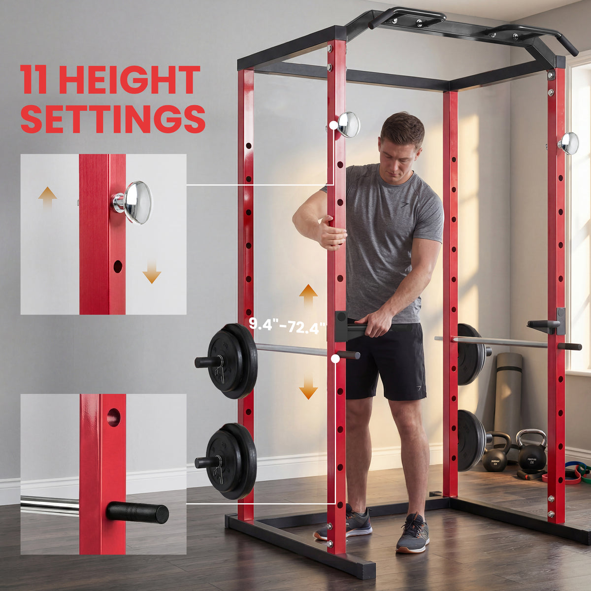 SPORTNOW Power Tower | Adjustable Squat Rack | Red & Black Steel | 160x112x215cm | 460kg Max Load | 11 Height Levels | Pull-Up Bar | Dip Station | Safety Arms | Plate Storage | Home Gym Strength Training