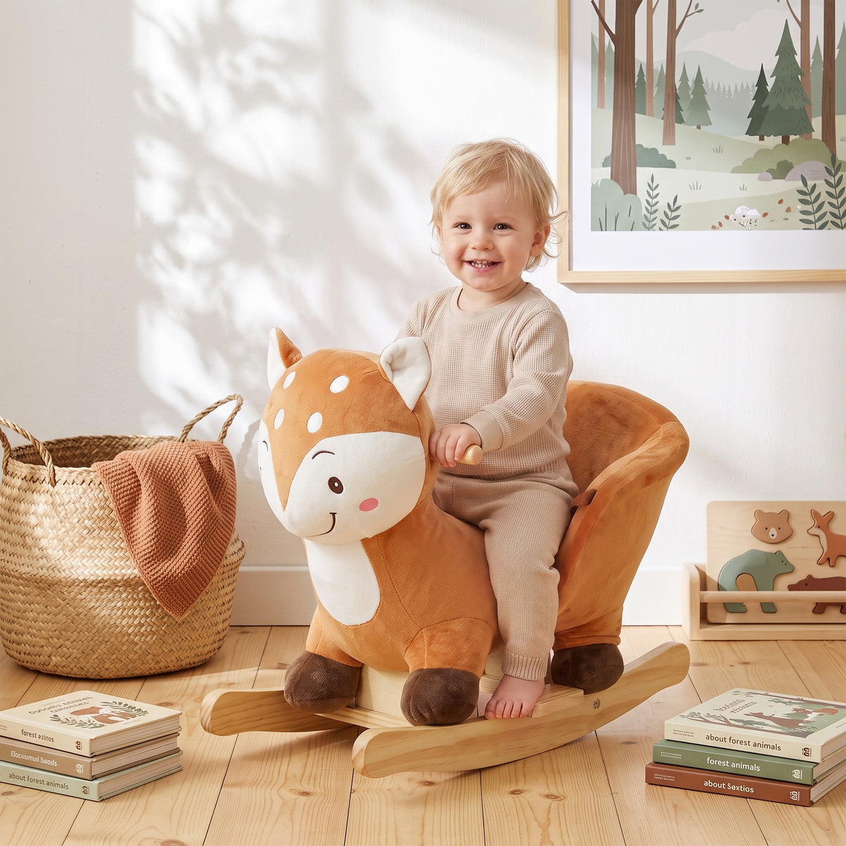 Rocking Horse Ride-On Toy | Brown Deer Design with Sounds, Safety Belt & Rocking Stoppers | 12-36 Months | 25 kg