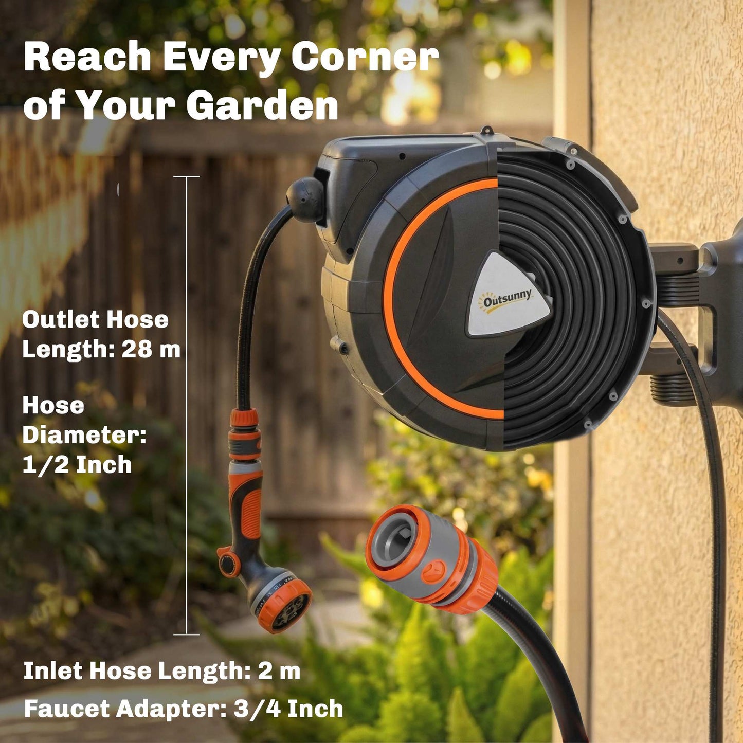 30m Retractable Garden Hose Reel | Auto Slow-Rewind | Self-Locking at Any Length | Wall-Mount or Portable | 12 Spray Patterns | 120 PSI | UV-Resistant PP | Orange