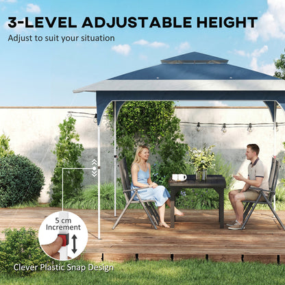 3.5x3.5m Pop Up Gazebo | One-Push Central Lock | Double-Tier UPF50+ 210D Oxford Fabric | 8 Rainwater Holes | 3 Height Settings | Windproof Level 4-6 | Snow Rated | Ropes & Stakes | Carry Bag | Blue & White