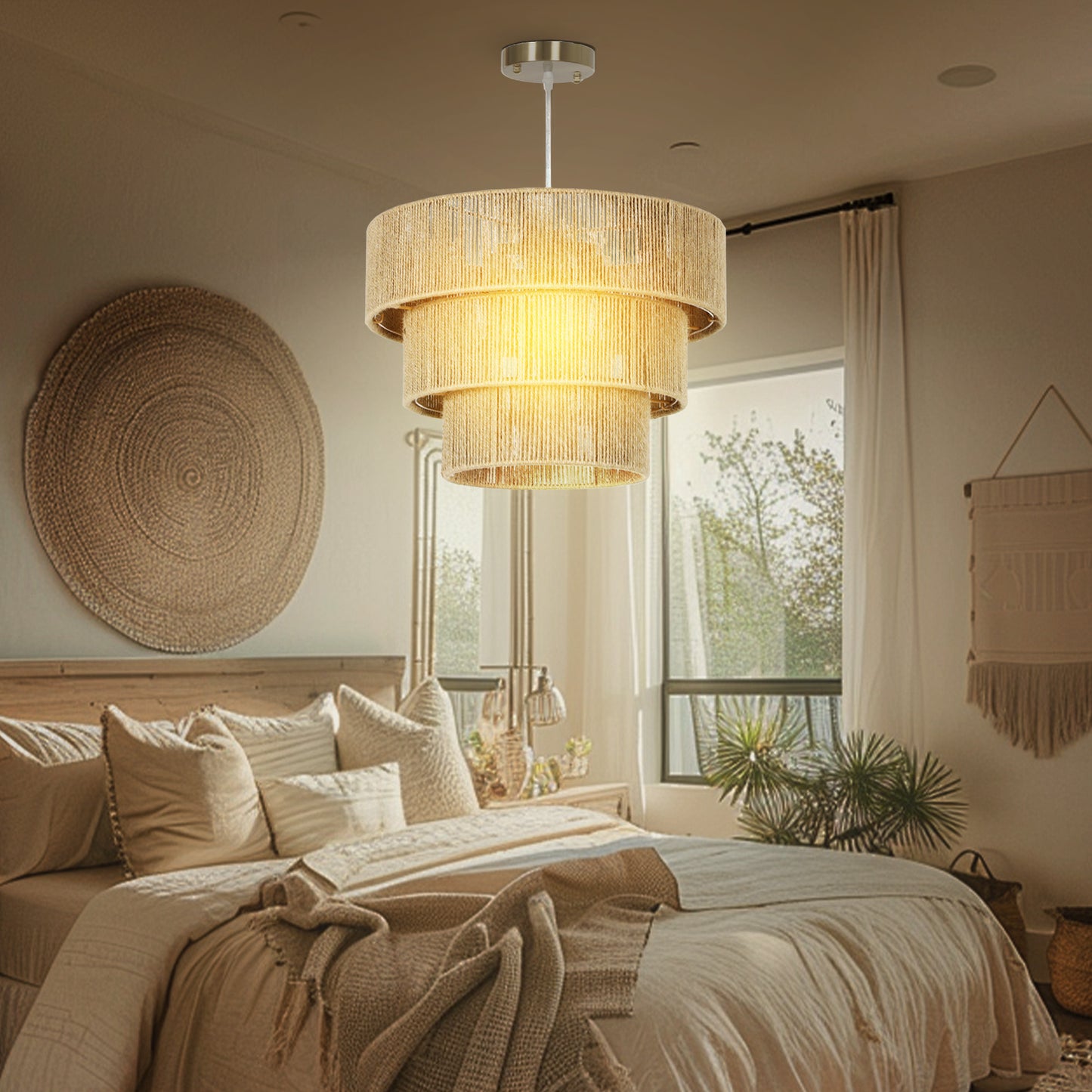Hemp Rope Pendant Light, 3-Layer Boho Ceiling Light Shade, E14 Vintage Lampshade for Living Room, Bedroom, Kitchen, Hallway, Light Brown