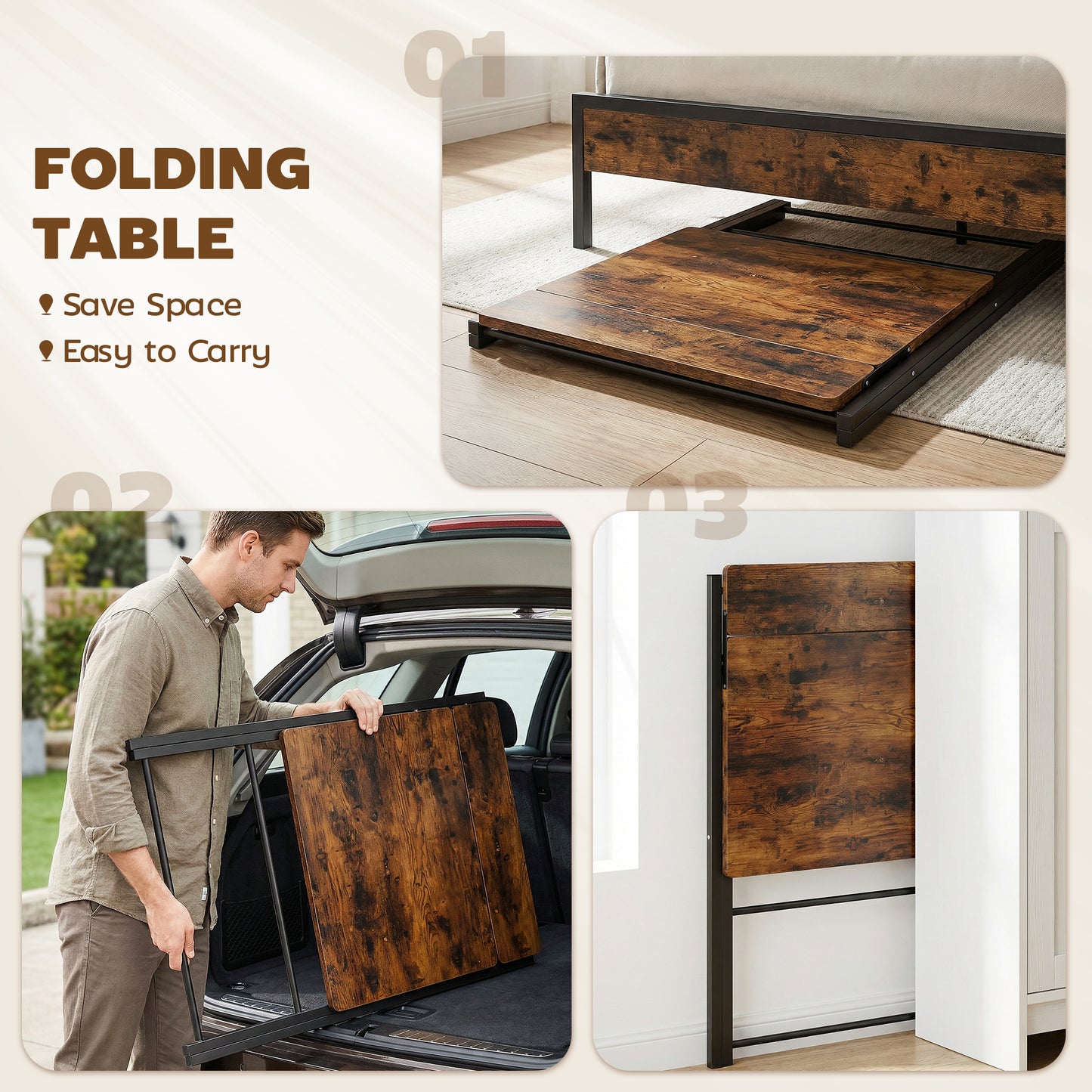 Compact Folding Desk for Small Spaces | Upper Storage Shelf | X-Frame | Melamine Surface | Curved Corners | Folds to 4.5cm | 86x66x82cm | Rustic Brown