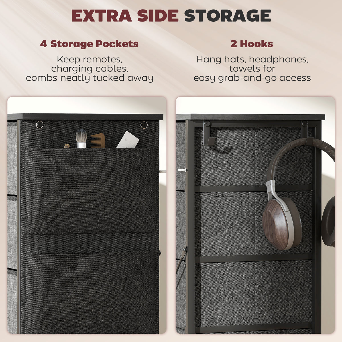 Chest of 10 Fabric Drawers | Grey & Black | Non-Woven Fabric Steel Particle Board | 80x30x94.5cm | 4 Side Pockets | 2 Hooks | X-Bar Frame | Adjustable Feet | Anti-Tip | 35kg