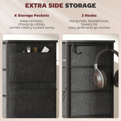 Chest of 10 Fabric Drawers | Grey & Black | Non-Woven Fabric Steel Particle Board | 80x30x94.5cm | 4 Side Pockets | 2 Hooks | X-Bar Frame | Adjustable Feet | Anti-Tip | 35kg