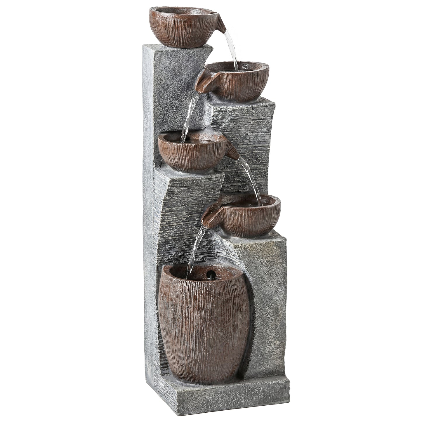 Tall 5-Tier Jug-Style Resin Waterfall Fountain | Hand-Painted Rustic Finish | Warm LED Lights | 3-Speed Adjustable Pump | 16W | 230V | 3m Cable | 35x34x110cm | Garden & Patio | Grey & Rustic Brown