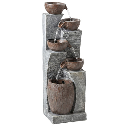 Tall 5-Tier Jug-Style Resin Waterfall Fountain | Hand-Painted Rustic Finish | Warm LED Lights | 3-Speed Adjustable Pump | 16W | 230V | 3m Cable | 35x34x110cm | Garden & Patio | Grey & Rustic Brown