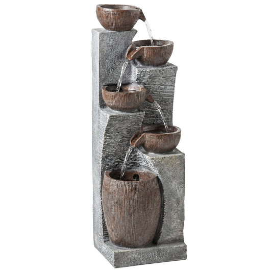 Tall 5-Tier Jug-Style Resin Waterfall Fountain | Hand-Painted Rustic Finish | Warm LED Lights | 3-Speed Adjustable Pump | 16W | 230V | 3m Cable | 35x34x110cm | Garden & Patio | Grey & Rustic Brown