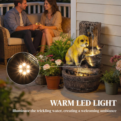 3-Tier Resin Garden Fountain | Hand-Painted Puppy & Bird Design | Warm LED Lights | 3-Speed Adjustable Pump | 5W | 230V | 3m Cable | 35x36x56cm | Garden & Patio | Rustic Brown & Yellow