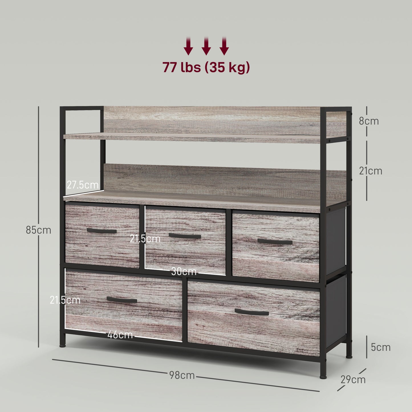 Retro Style Rustic Chest of Five Fabric Drawers - Grey Wood Effect