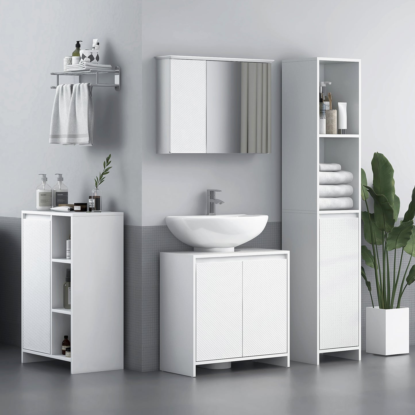 Under Sink Bathroom Cabinet, Freestanding Under Sink Cabinet with 2 Doors and Shelf for Basin without or with Pedestal, White