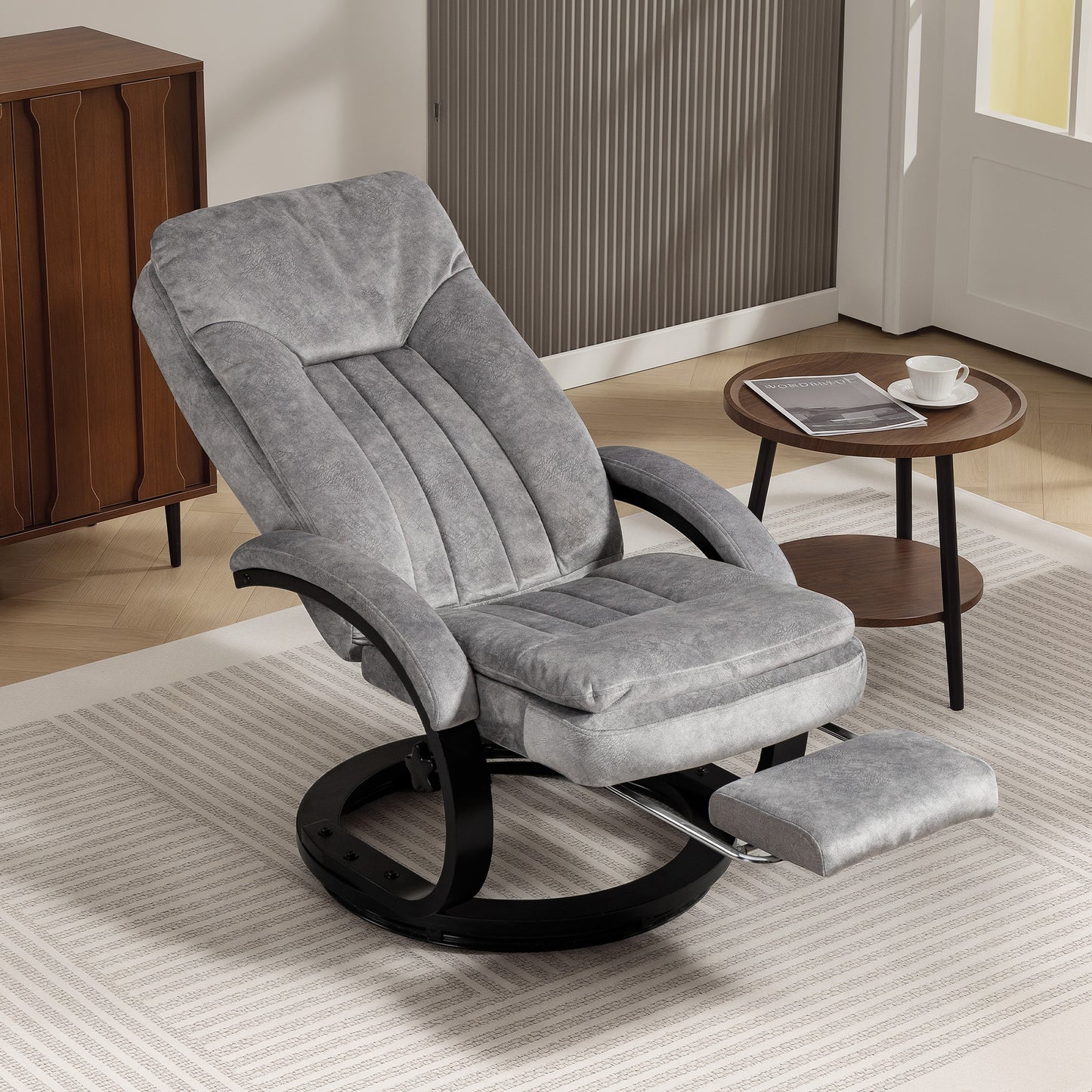 Swivel Recliner Chair with Footrest, Manual Recliner Armchair with Wooden Base, Plush Velvet Upholstered Reclining Chair for Living Room, Bedroom, Office, Grey