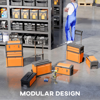 3-in-1 Stackable Three Tier Rolling Tool Storage Box On Wheels - Orange
