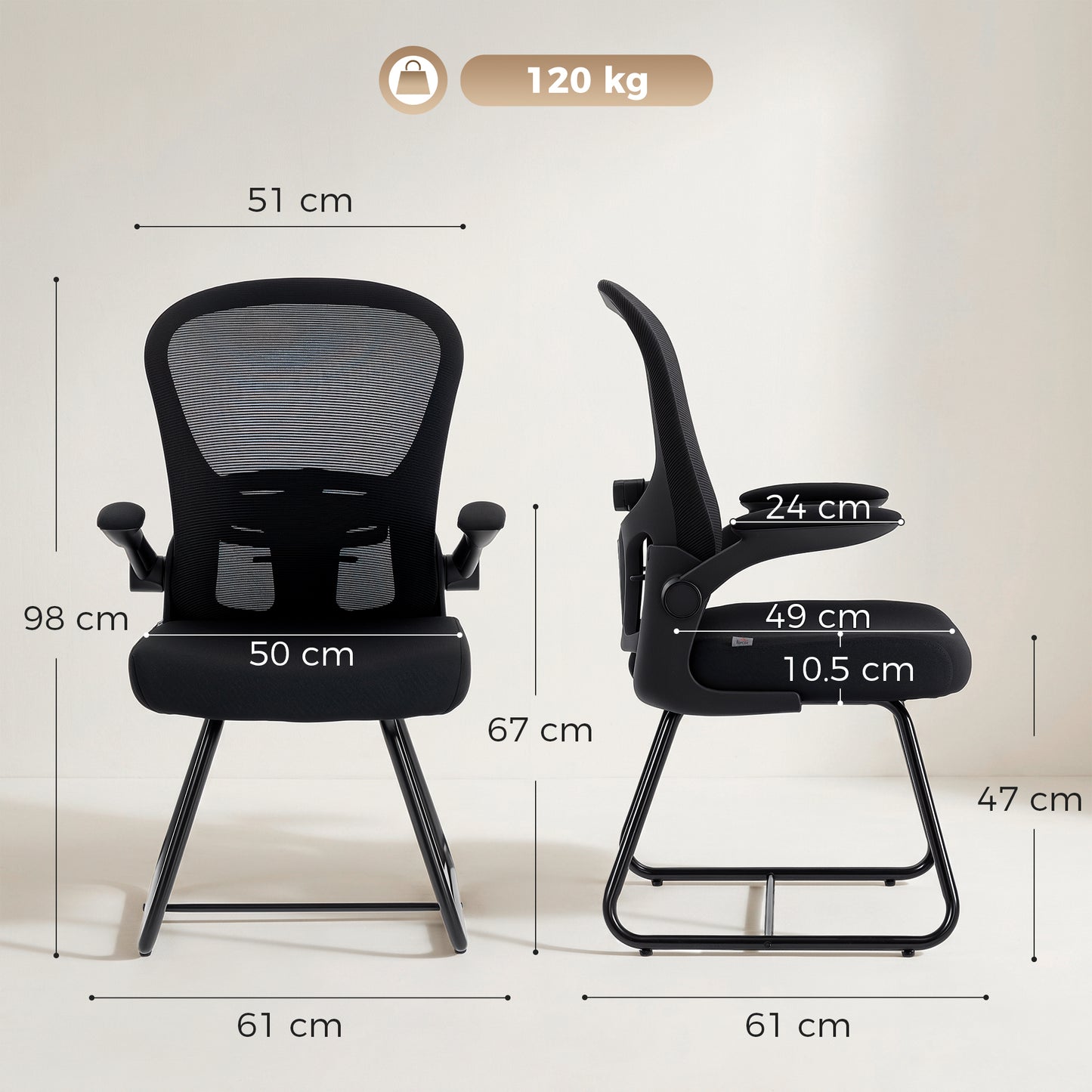 Mesh Office Reception Chair | Flip-Up Arms | Lumbar Support | Steel Base | Black | 120kg | 921-957V70BK