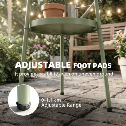 2 Tier Round Garden Bistro Side Table | 36x36x53cm | 32cm Top Tray | Tripod Base | Adjustable Feet | Powder Coated Metal | 20kg | Light Green