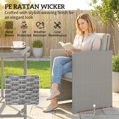9 Piece Rattan Cube Garden Dining Set | 4 Armchairs | 4 Footstools | Tempered Glass Table 109x109x72cm | Thick Cushions | Washable Covers | PE Rattan & Metal Frame | Light Grey