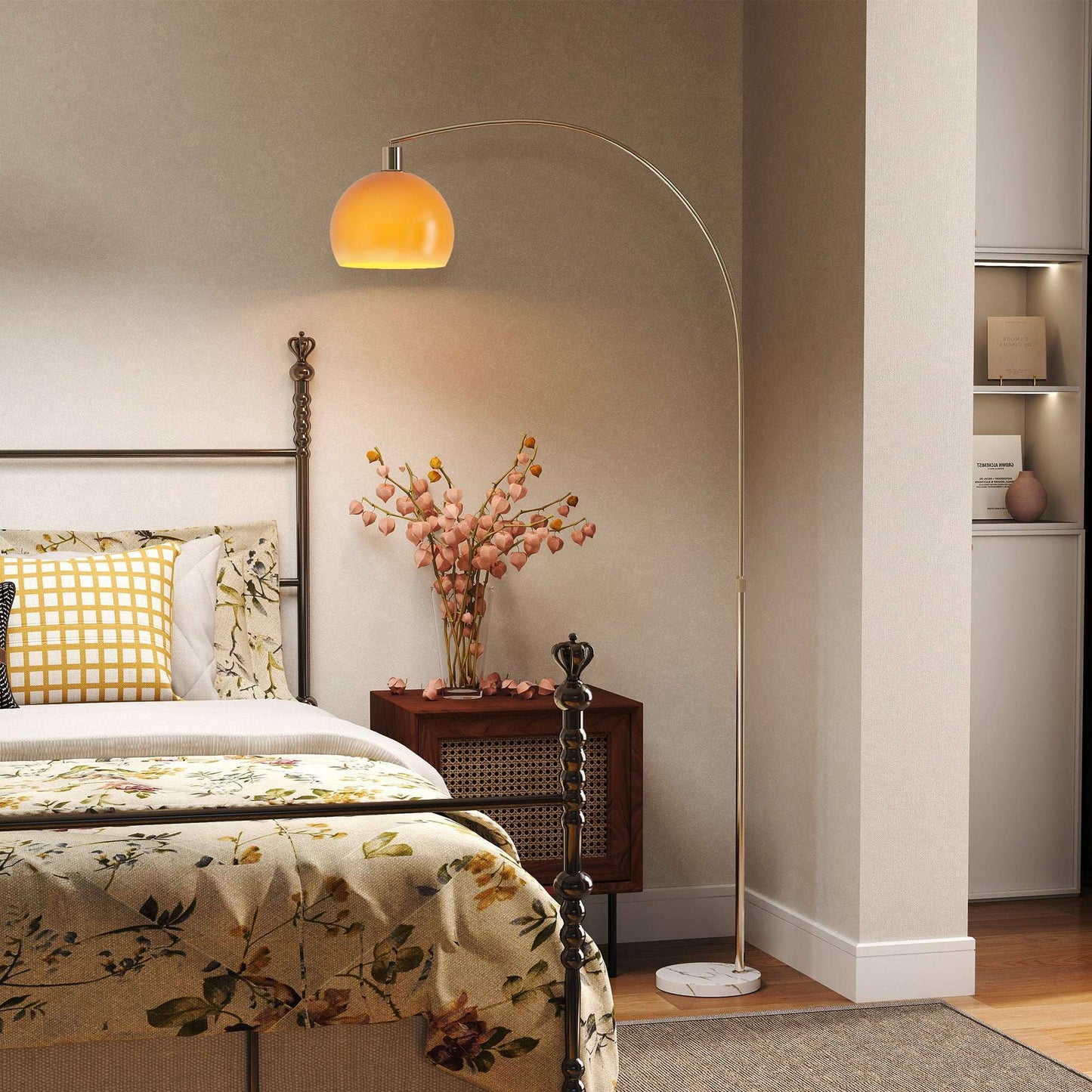 Floor Lamp | Curved Head | Round Shade | Marble Base | Electroplated Nickel Finish | E27 | Foot Switch | 180cm | 40W | White