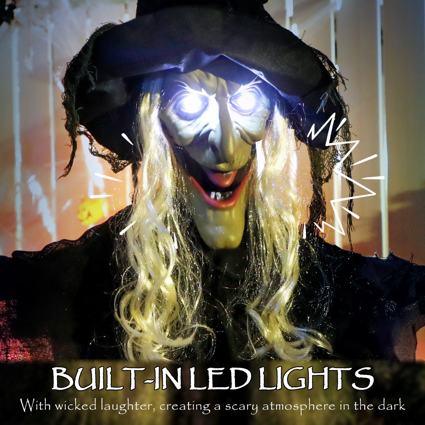 183 cm Life Size Halloween Animated Hanging Witch with Glowing LED Eyes, Spooky Witch Scary Halloween Decorations, Battery Operated, Indoor Party Props