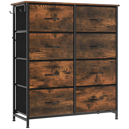 Chest of 8 Fabric Drawers | Natural Wood Rustic Brown Grey | Non-Woven Fabric Steel | 80x30x94.5cm | 30kg | Side Pocket 2 Hooks | X-Bar Frame | Anti-Tip Kit | Foldable Drawers | Bedroom