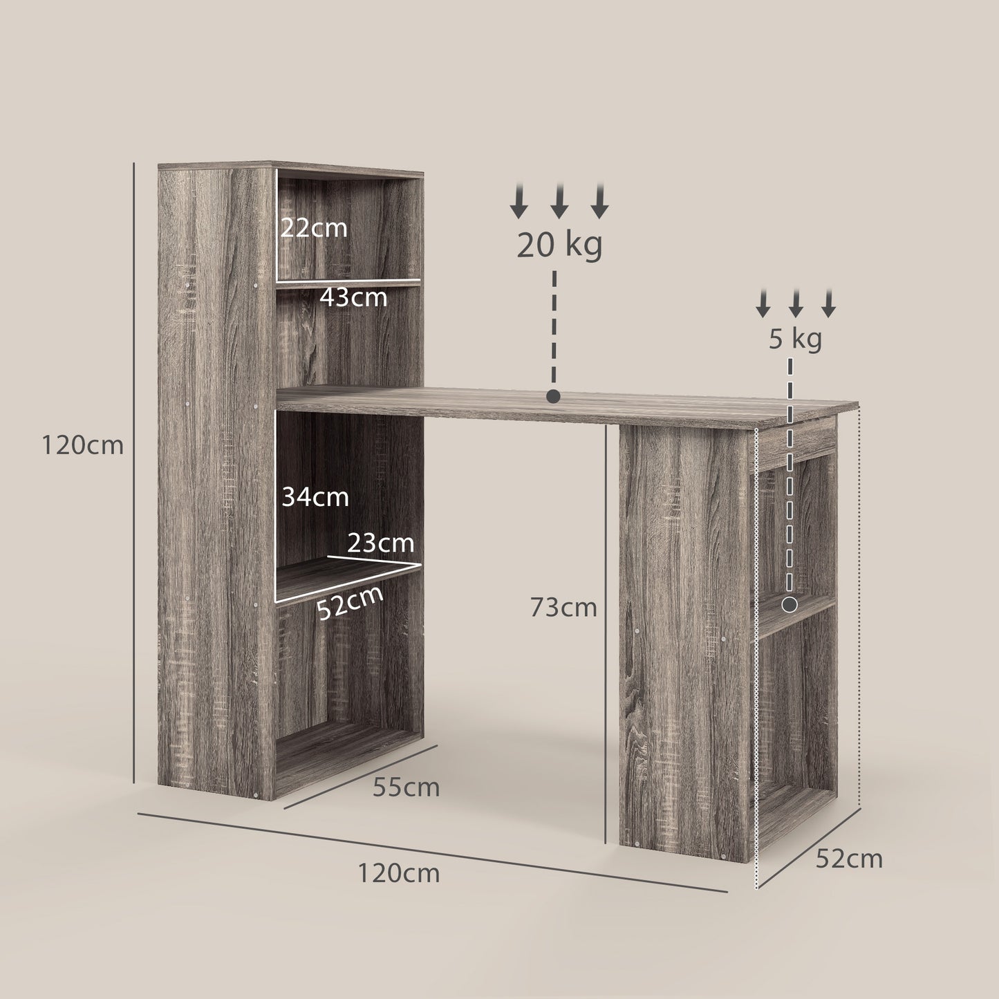 120cm Modern Computer Desk Bookshelf Study Table Workstation PC Laptop Writing Home Office 6 Shelves, Grey Wood-Effect