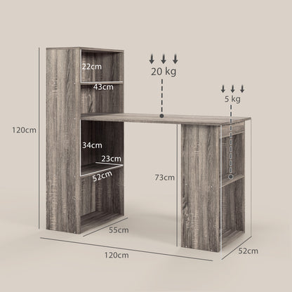 120cm Modern Computer Desk Bookshelf Study Table Workstation PC Laptop Writing Home Office 6 Shelves, Grey Wood-Effect