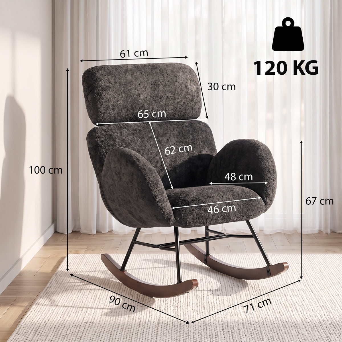 Rocking Chair | Dark Grey Velvet Upholstery with Adjustable 8 cm Headrest, 105° Glide & High-Density Foam | Walnut Base | 120 kg