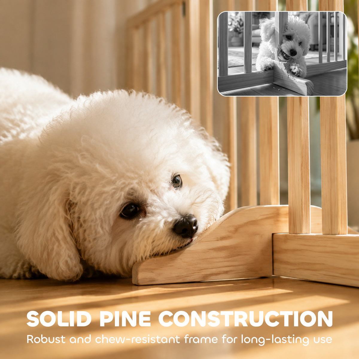 3-Panel Freestanding Wooden Dog Gate | Adjusts 30–140cm | 360° Hinges | Solid Pine Wood | No Drill | Support Feet | 47mm Bar Gap | Small Dogs Under 10kg | Natural Wood Finish | 150x36x61cm | No Assembly