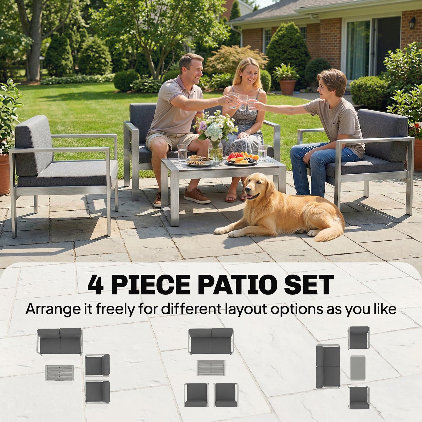 4 Piece Garden Sofa Set | Loveseat | 2 Armchairs | Coffee Table | 10cm Olefin Cushions | Brushed Aluminium | Wood Effect Table | 240kg | Dark Grey