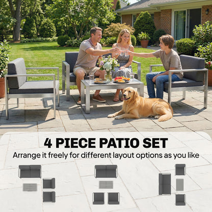4 Piece Garden Sofa Set | Loveseat | 2 Armchairs | Coffee Table | 10cm Olefin Cushions | Brushed Aluminium | Wood Effect Table | 240kg | Dark Grey