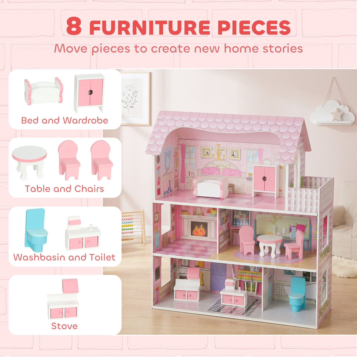AIYAPLAY Pink 3-Storey Dolls House | 70cm MDF Dollhouse with LED Strip & Balcony | 8 Furniture Pieces | Open-Front Play | Ages 3–6