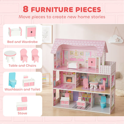 AIYAPLAY Pink 3-Storey Dolls House | 70cm MDF Dollhouse with LED Strip & Balcony | 8 Furniture Pieces | Open-Front Play | Ages 3–6