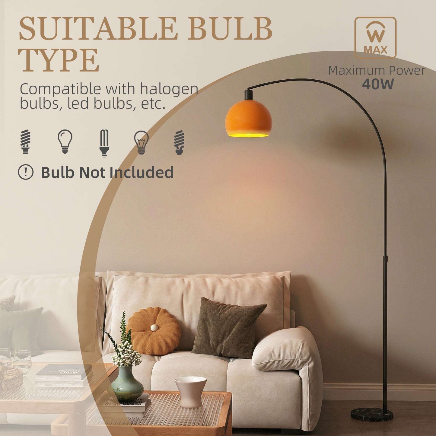 Modern Floor Lamp | Marble Base | Curved Head | Round Shade | Foot Switch | E27 | LED Compatible | 180cm | Black