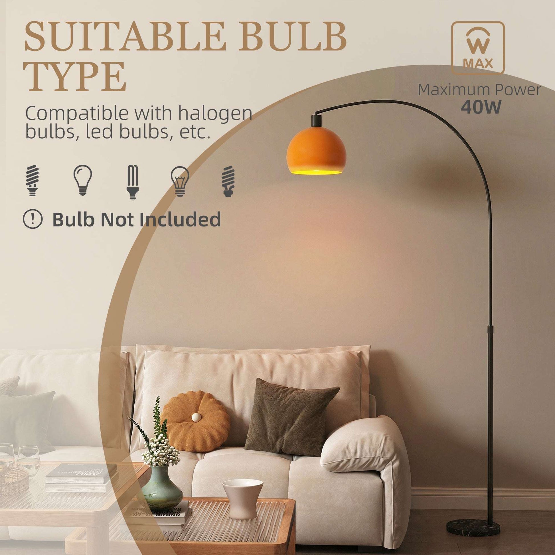Modern Floor Lamp | Marble Base | Curved Head | Round Shade | Foot Switch | E27 | LED Compatible | 180cm | Black