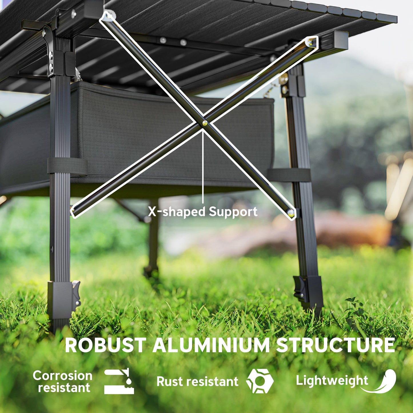 Folding Camping Table, 90 x 55 cm Height Adjustable Portable Collapsible Table, 3ft Lightweight Aluminium Rollup Picnic Table with Storage Basket