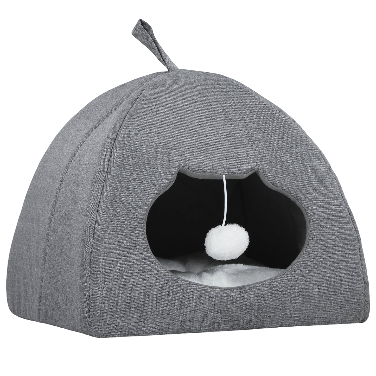 Cat Cave Bed & Cat House | Reversible All-Season Cushion | Teaser Ball | Cat-Shaped Entrance | Anti-Slip Base | 42x42x39cm | Suits Cats to 5kg | Grey