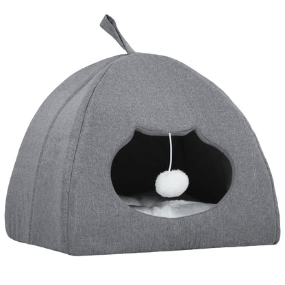 Cat Cave Bed & Cat House | Reversible All-Season Cushion | Teaser Ball | Cat-Shaped Entrance | Anti-Slip Base | 42x42x39cm | Suits Cats to 5kg | Grey