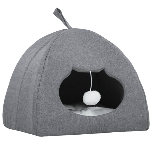 Cat Cave Bed & Cat House | Reversible All-Season Cushion | Teaser Ball | Cat-Shaped Entrance | Anti-Slip Base | 42x42x39cm | Suits Cats to 5kg | Grey