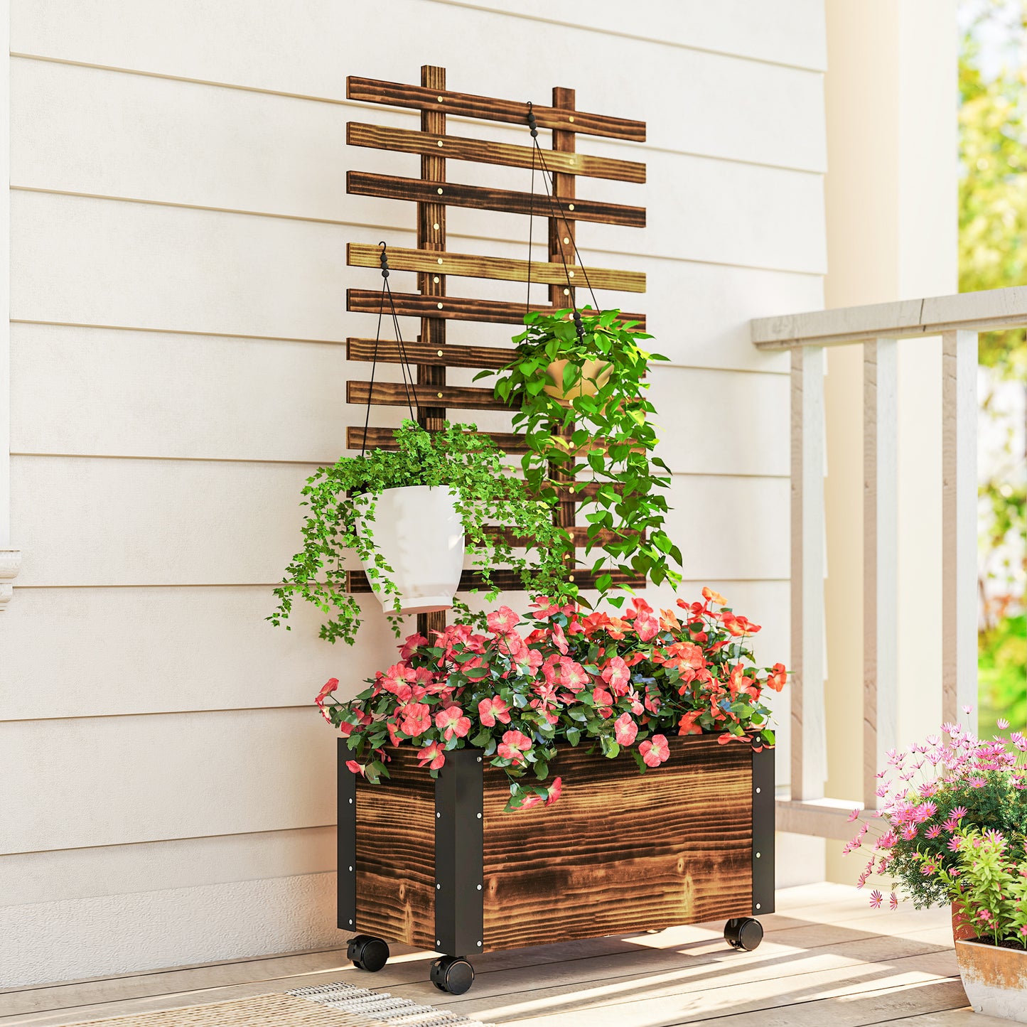 Carbonised Wood Raised Planter with Ladder Trellis | Reinforced Metal Corners | 4 Wheels 2 Lockable | Non-Woven Liner | Drainage Holes | 35kg Capacity | 65x31x147cm | Carbonised