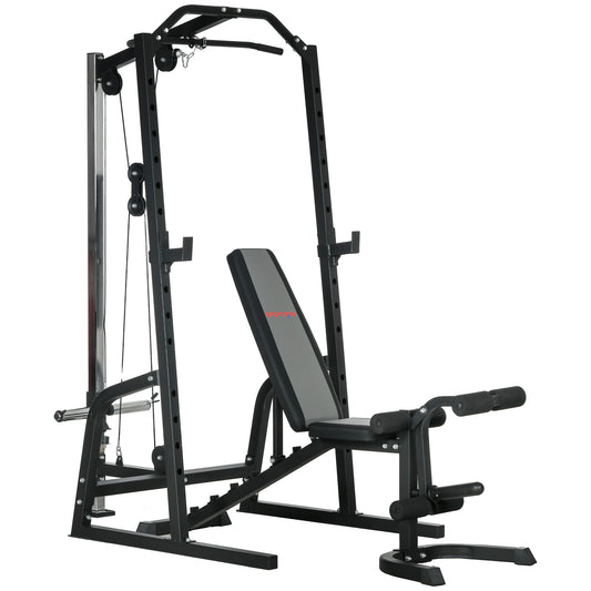 Smith Machine & Cable Pulley System with Adjustable Weight Bench, Multifunction Home Gym Power Rack with Lat Pull Down System, Barbell Rack